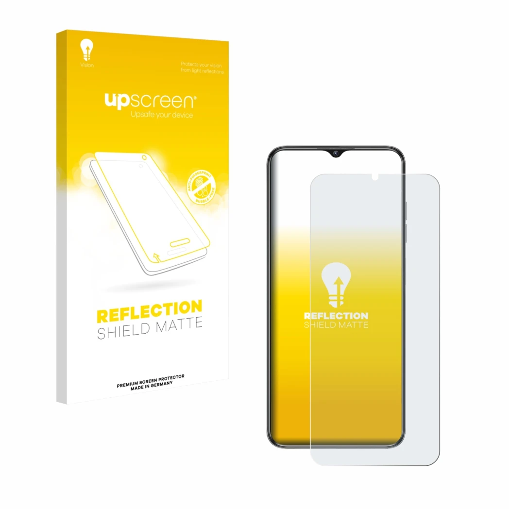 Parte frontal de un envase de producto con el logotipo de la marca upscreen. Al lado se muestra el dispositivo Oukitel C1 con
