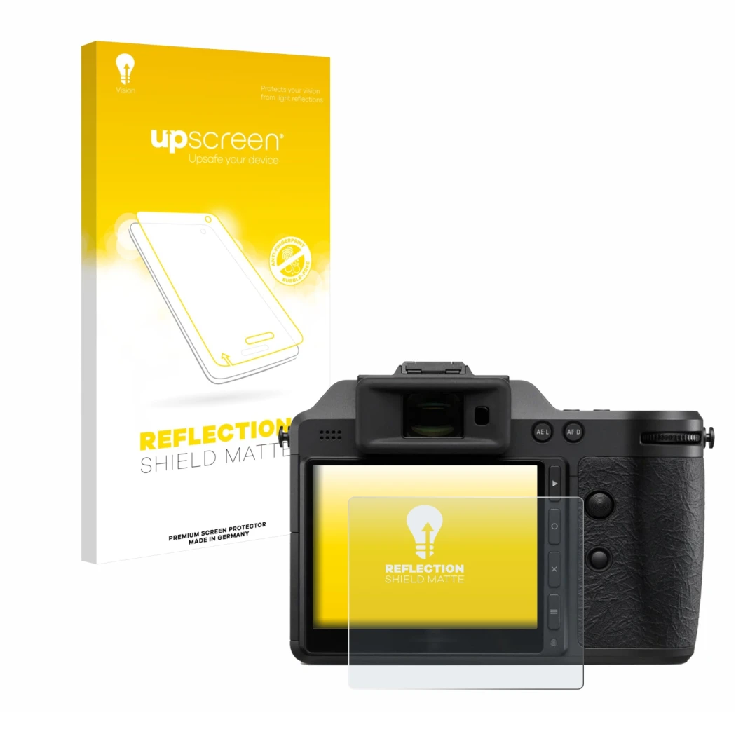 Parte frontal de un envase de producto con el logotipo de la marca upscreen. Al lado se muestra el dispositivo Hasselblad X2D