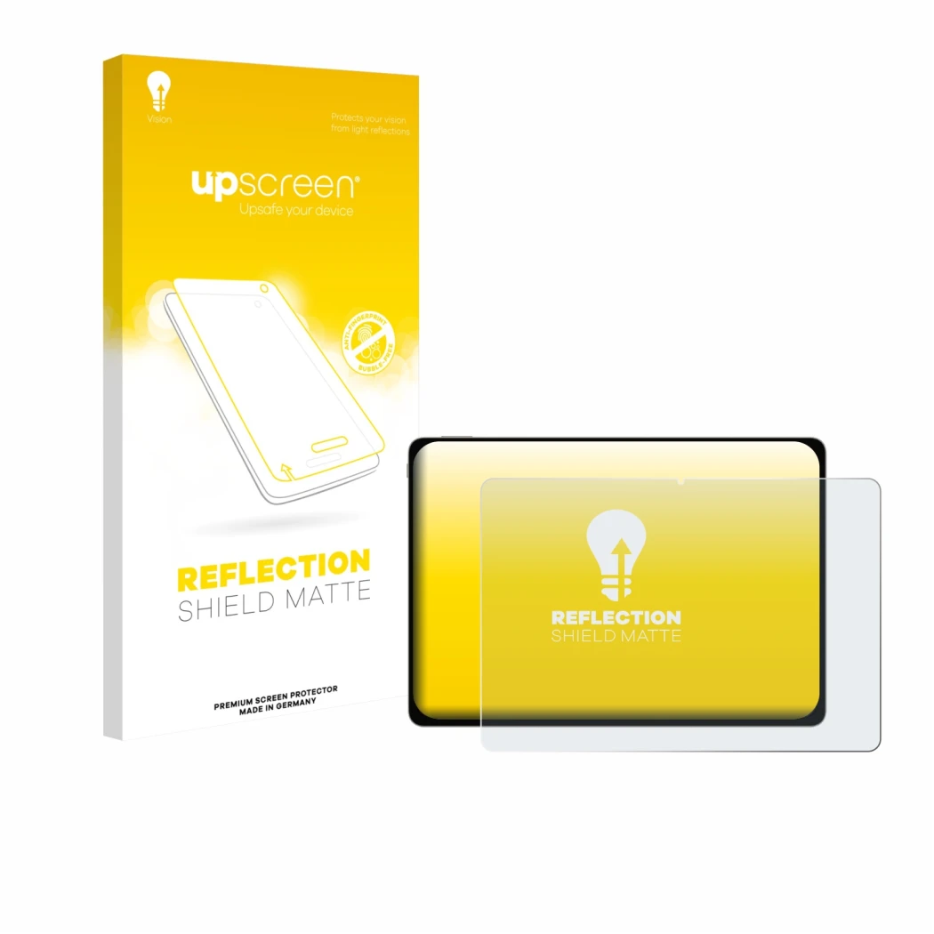 Parte frontal de un envase de producto con el logotipo de la marca upscreen. Al lado se muestra el dispositivo Honor Magicpad 