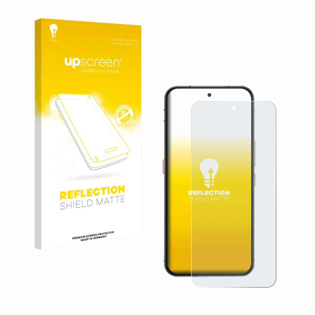 Parte frontal de un envase de producto con el logotipo de la marca upscreen. Al lado se muestra el dispositivo Oukitel WP210 c
