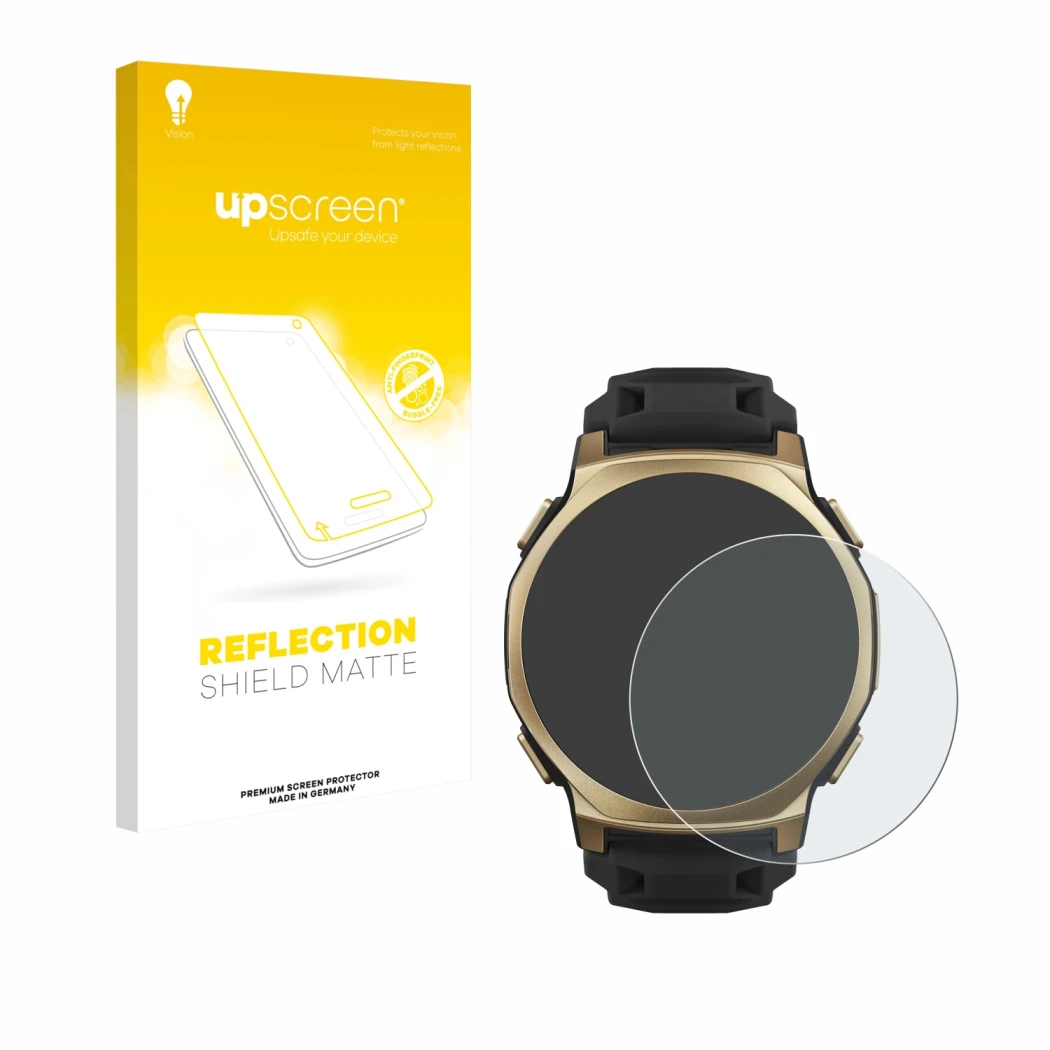 Parte frontal de un envase de producto con el logotipo de la marca upscreen. Al lado se muestra el dispositivo Huami Amazfit T