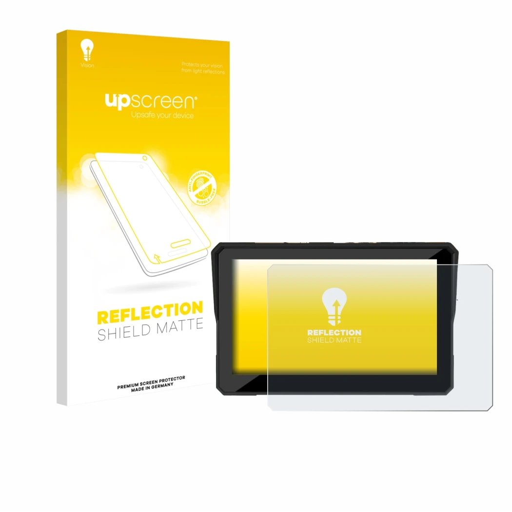 Parte frontal de un envase de producto con el logotipo de la marca upscreen. Al lado se muestra el dispositivo Carpuride W502