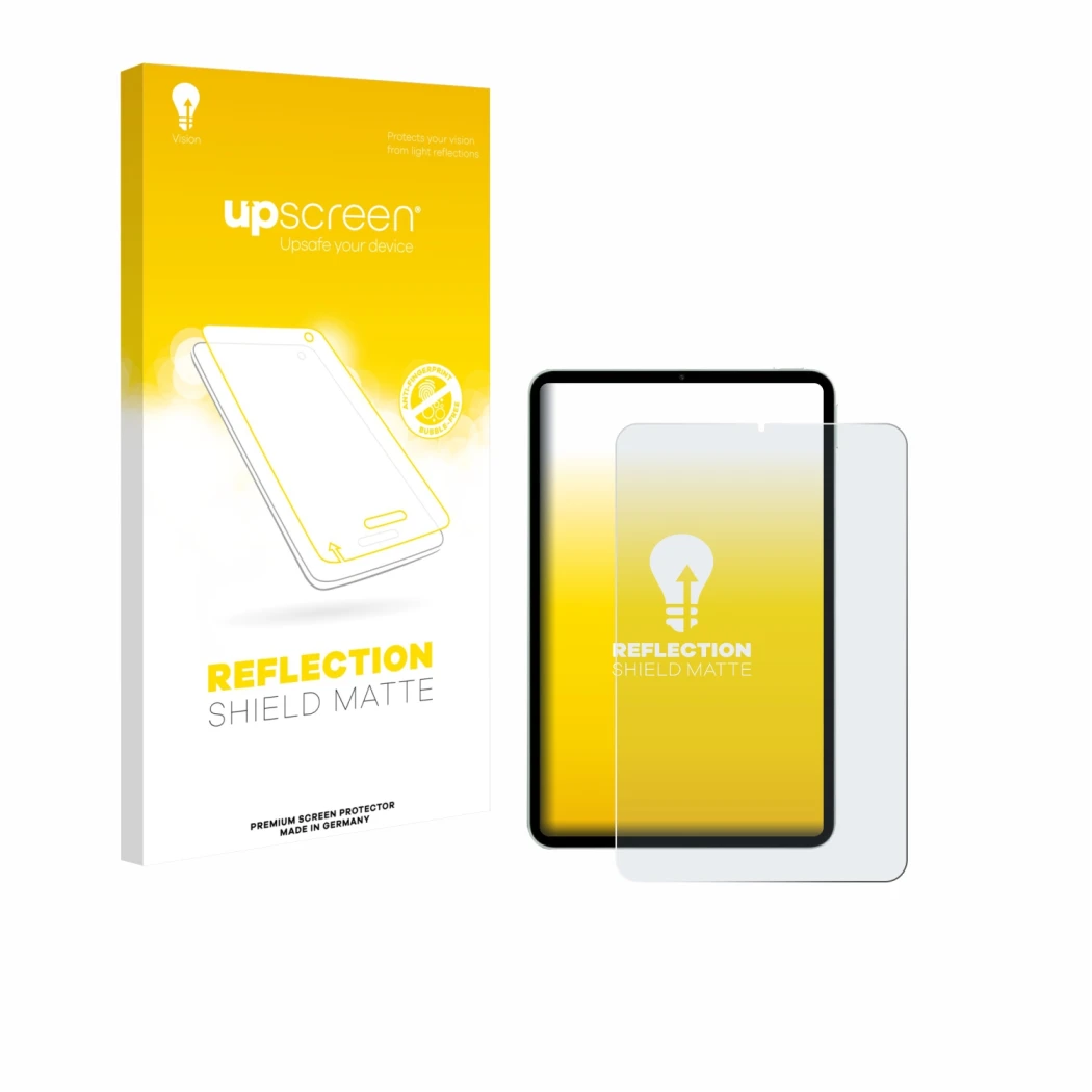 Parte frontal de un envase de producto con el logotipo de la marca upscreen. Al lado se muestra el dispositivo Xiaomi Pad Mini