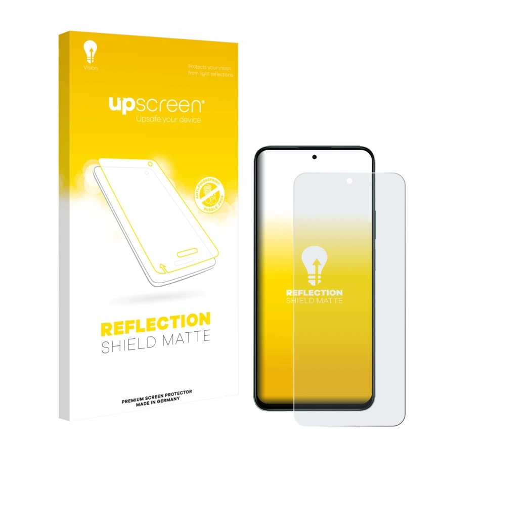 Parte frontal de un envase de producto con el logotipo de la marca upscreen. Al lado se muestra el dispositivo Honor 400 Smart