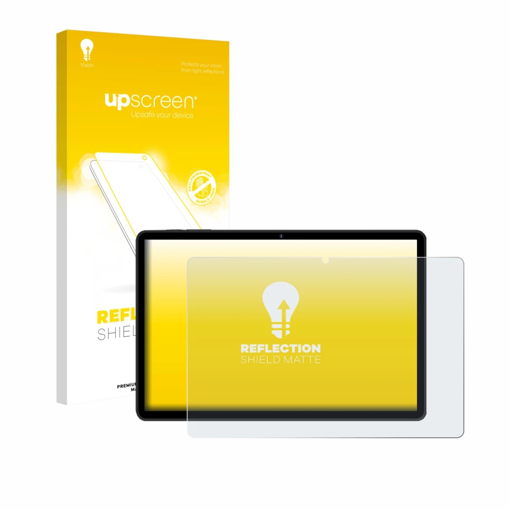 Parte frontal de un envase de producto con el logotipo de la marca upscreen. Al lado se muestra el dispositivo RUSHAR M90 11