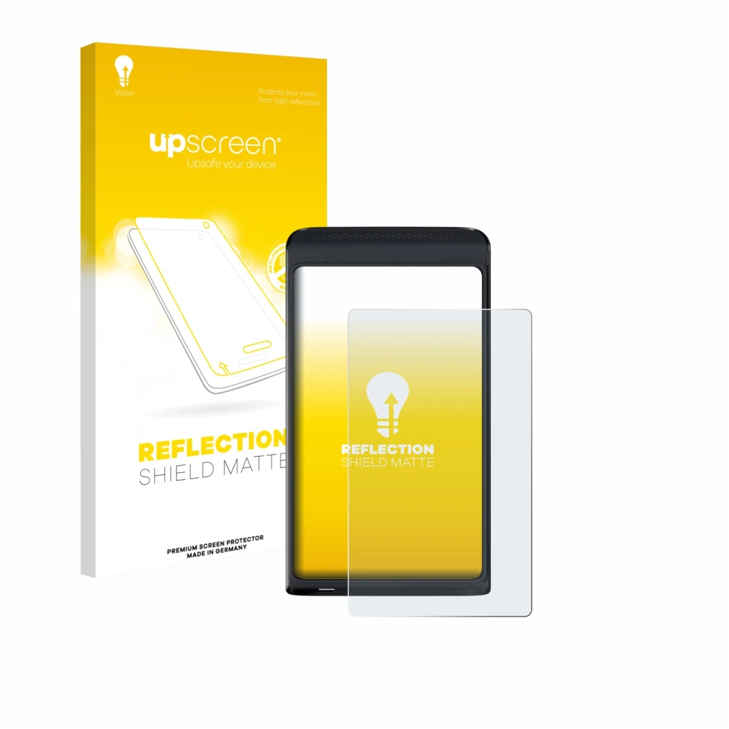 Parte frontal de un envase de producto con el logotipo de la marca upscreen. Al lado se muestra el dispositivo Vasco Translato