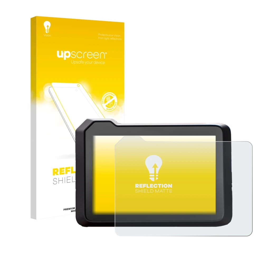 Parte frontal de un envase de producto con el logotipo de la marca upscreen. Al lado se muestra el dispositivo KTM 990 Duke 20
