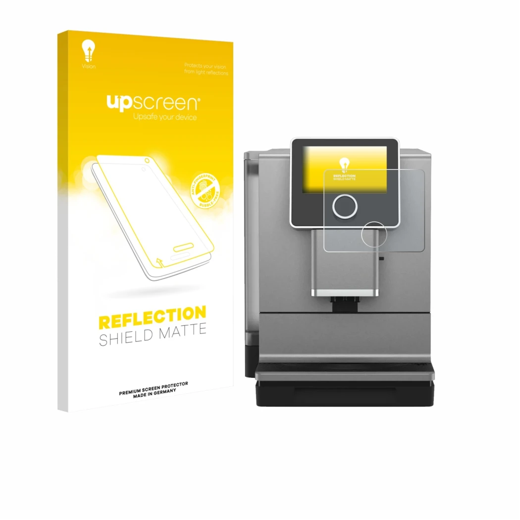 Parte frontal de un envase de producto con el logotipo de la marca upscreen. Al lado se muestra el dispositivo Nivona NICR 970