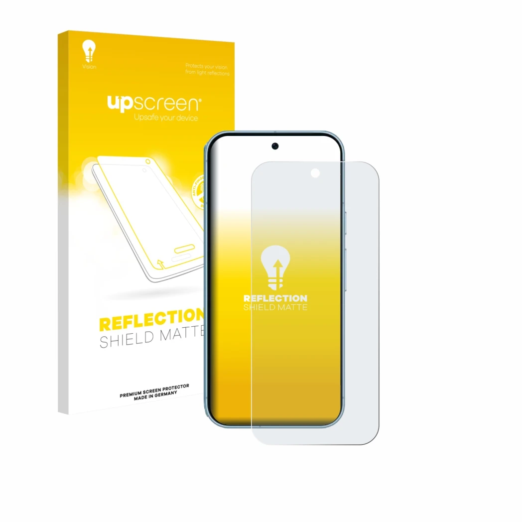 Parte frontal de un envase de producto con el logotipo de la marca upscreen. Al lado se muestra el dispositivo Google Pixel 9 