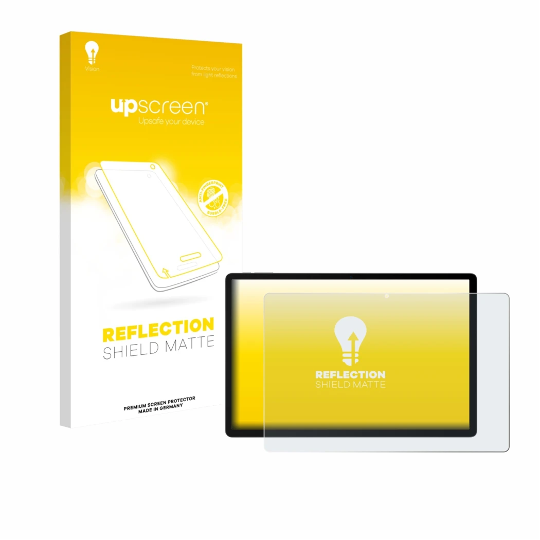 Parte frontal de un envase de producto con el logotipo de la marca upscreen. Al lado se muestra el dispositivo Doogee U13 con