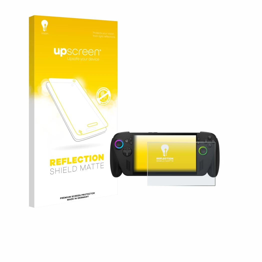 Parte frontal de un envase de producto con el logotipo de la marca upscreen. Al lado se muestra el dispositivo ASUS ROG Ally X