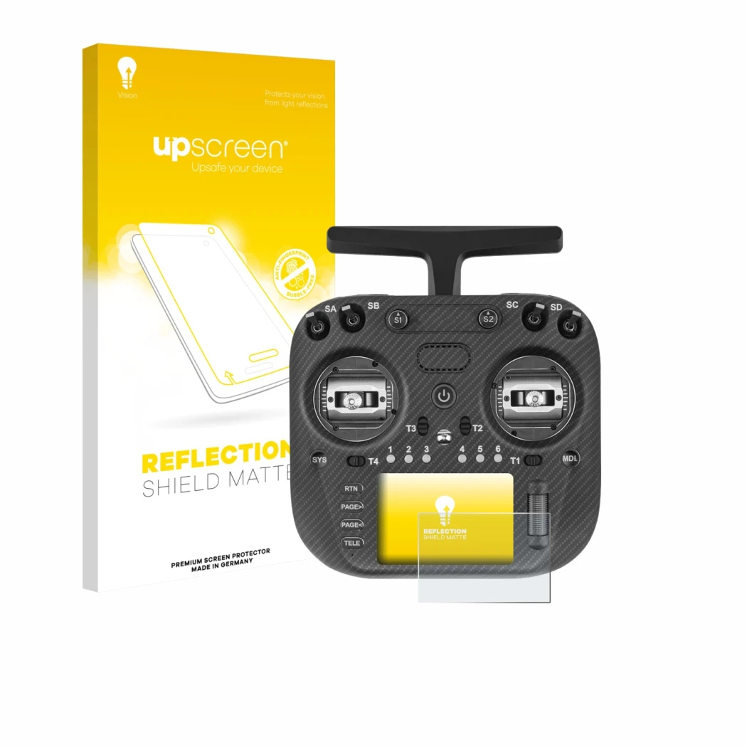 Parte frontal de un envase de producto con el logotipo de la marca upscreen. Al lado se muestra el dispositivo Radiomaster TX1