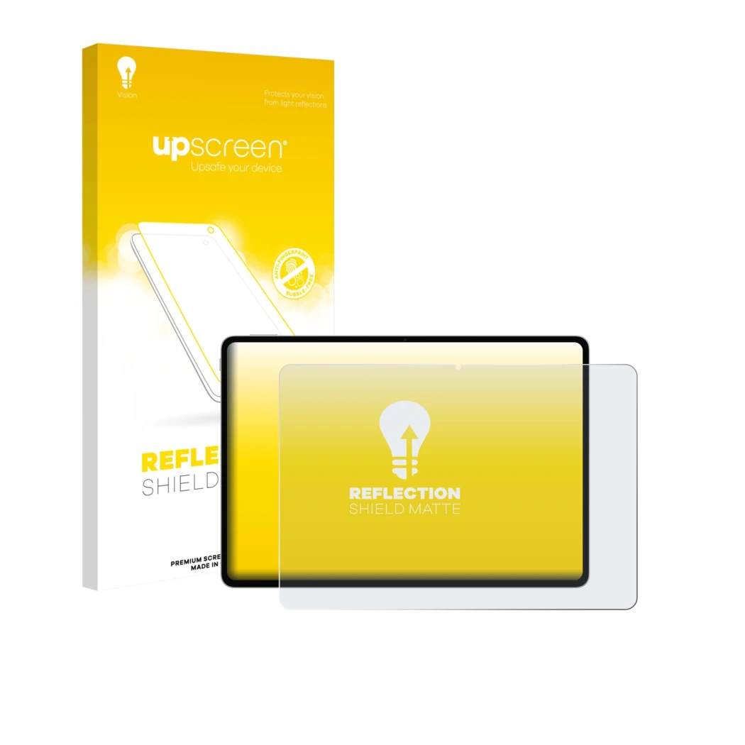 Parte frontal de un envase de producto con el logotipo de la marca upscreen. Al lado se muestra el dispositivo Honor Magicpad 