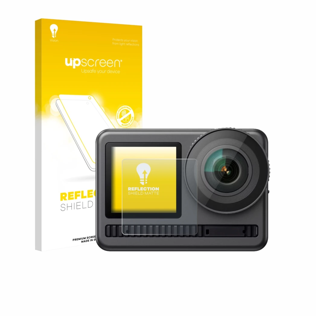 Parte frontal de un envase de producto con el logotipo de la marca upscreen. Al lado se muestra el dispositivo Akaso Brave 8 (