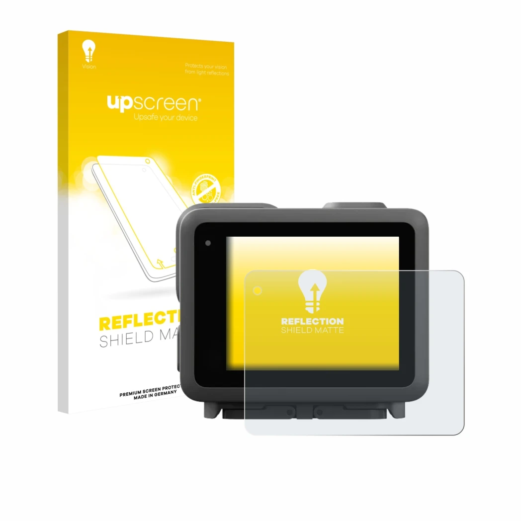 Parte frontal de un envase de producto con el logotipo de la marca upscreen. Al lado se muestra el dispositivo GoPro Lit Hero