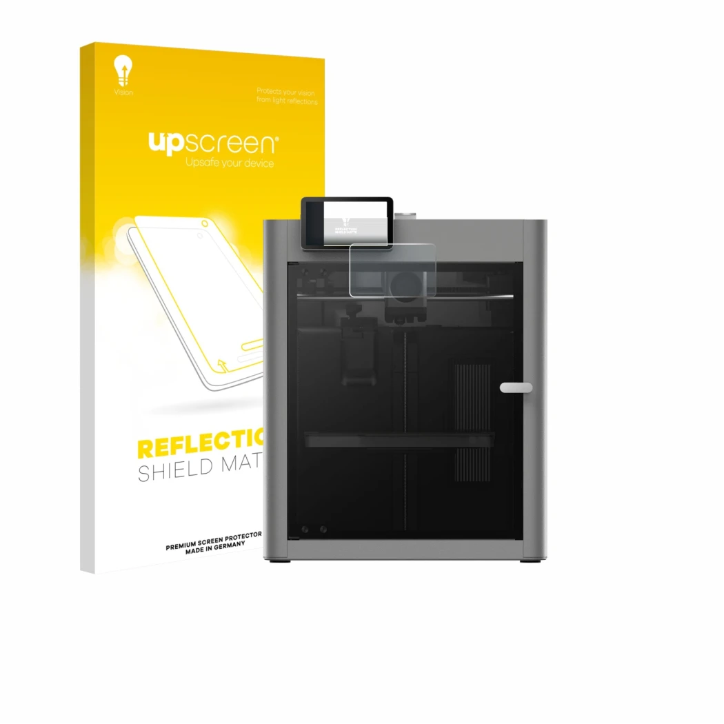 Parte frontal de un envase de producto con el logotipo de la marca upscreen. Al lado se muestra el dispositivo Bambu Lab P2S 3