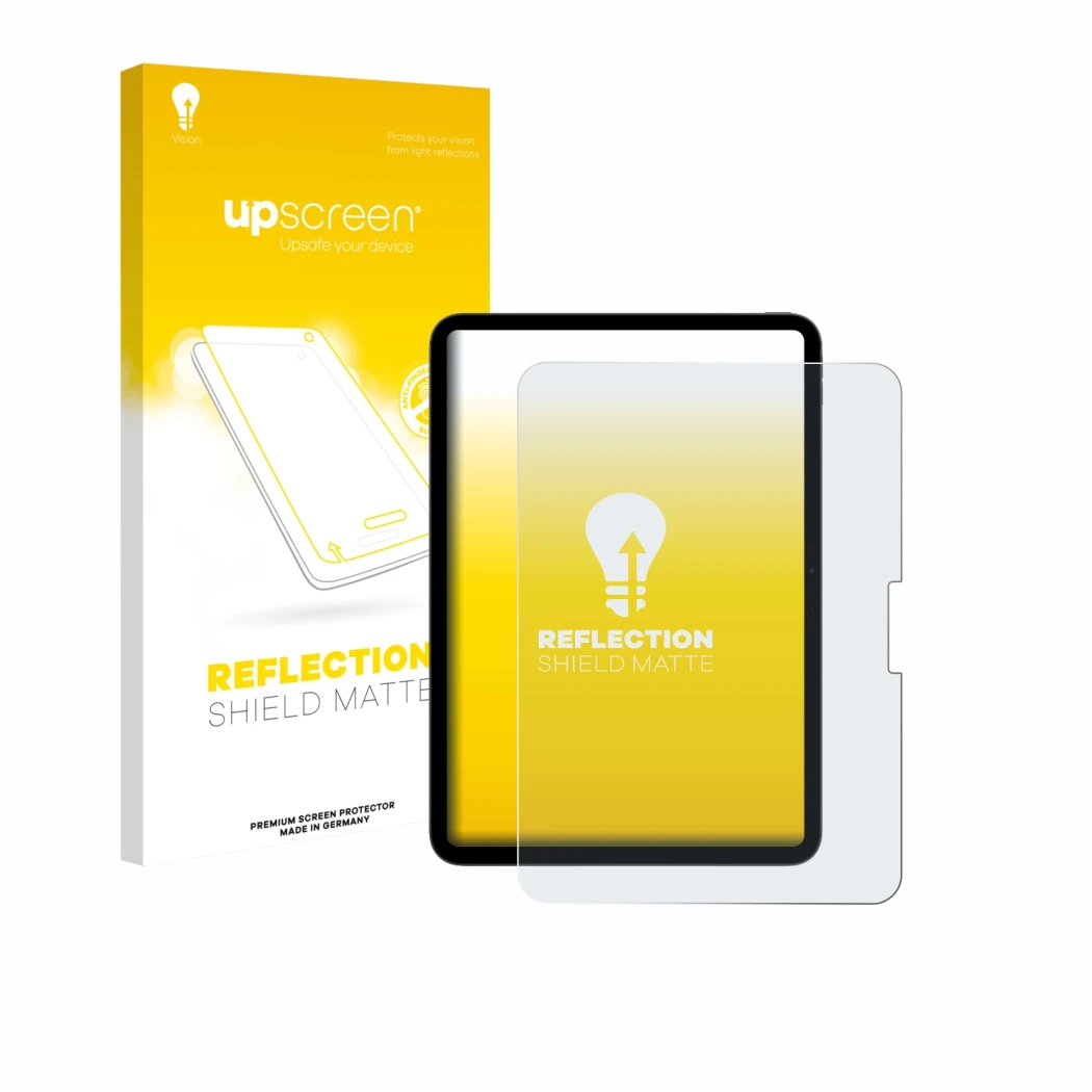 Parte frontal de un envase de producto con el logotipo de la marca upscreen. Al lado se muestra el dispositivo Apple iPad Pro 