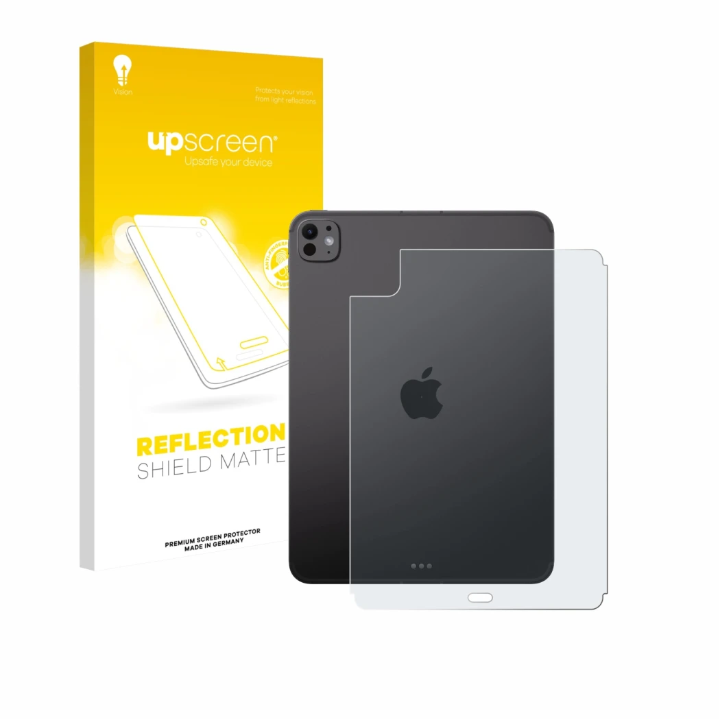 Parte frontal de un envase de producto con el logotipo de la marca upscreen. Al lado se muestra el dispositivo Apple iPad Pro 