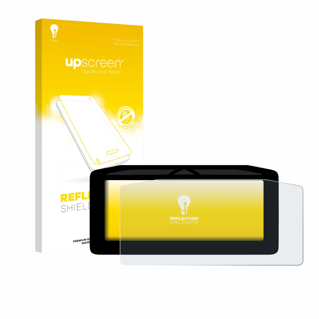 Parte frontal de un envase de producto con el logotipo de la marca upscreen. Al lado se muestra el dispositivo Ducati XDiavel 