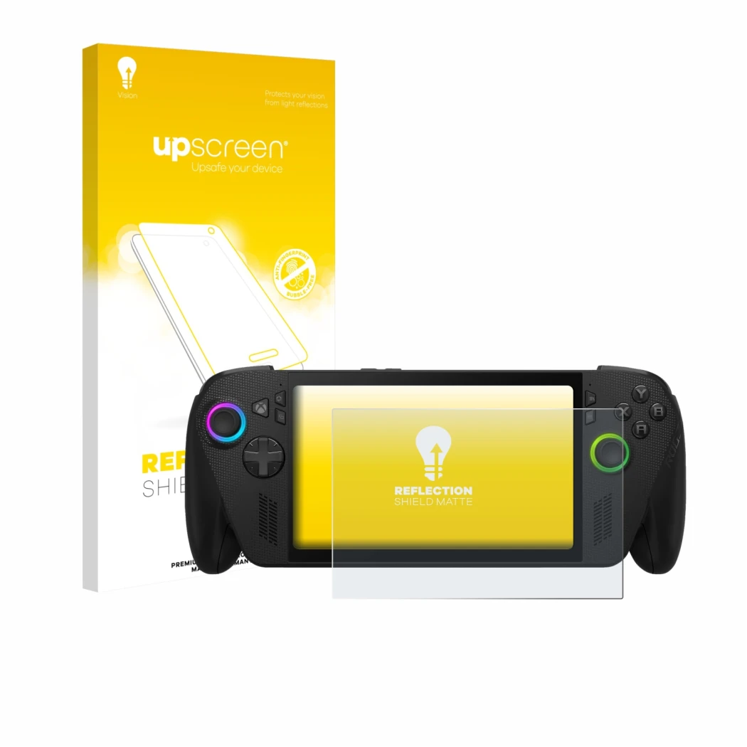 Parte frontal de un envase de producto con el logotipo de la marca upscreen. Al lado se muestra el dispositivo ASUS ROG Xbox A