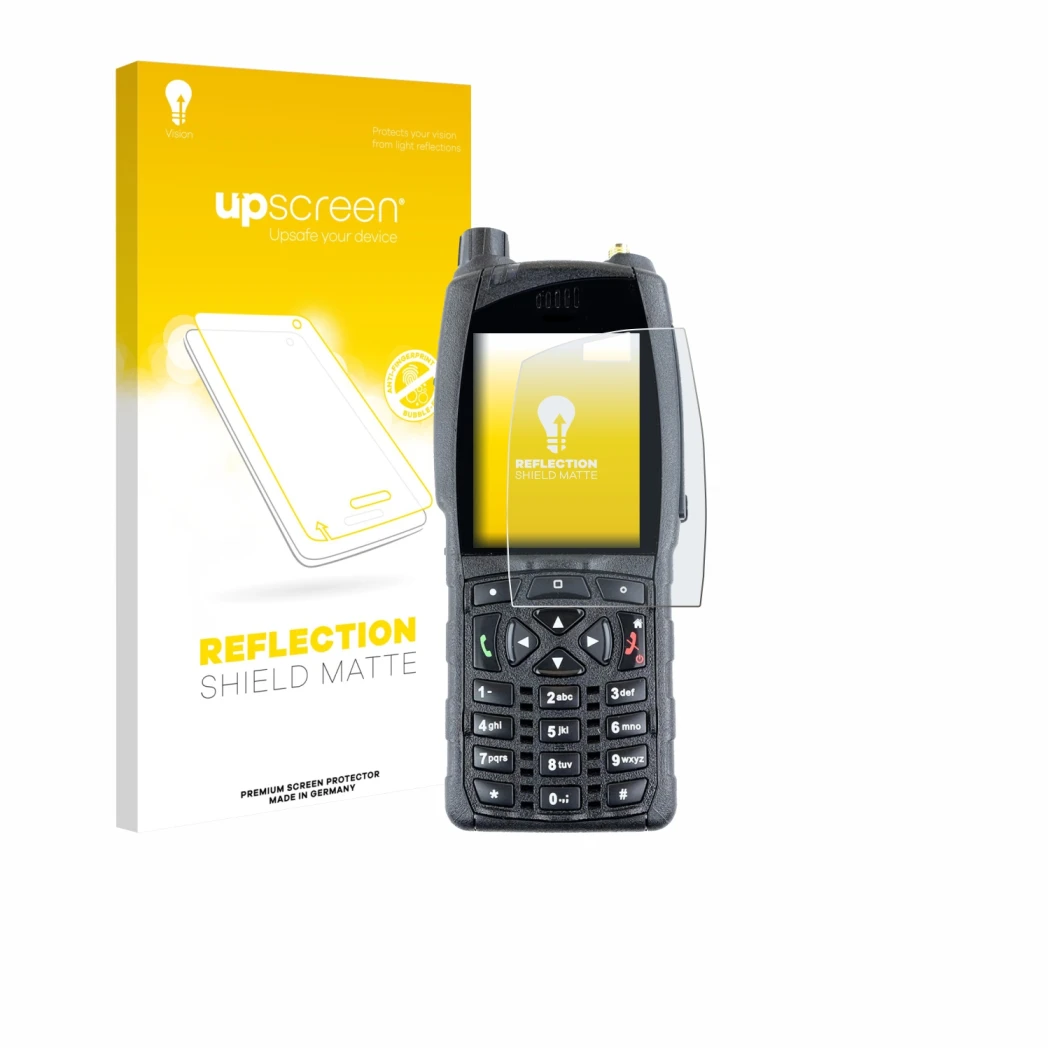 Parte frontal de un envase de producto con el logotipo de la marca upscreen. Al lado se muestra el dispositivo Sepura SC2020 c
