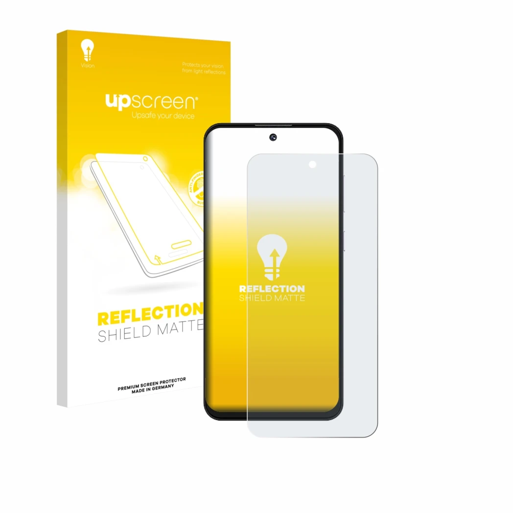 Parte frontal de un envase de producto con el logotipo de la marca upscreen. Al lado se muestra el dispositivo Oukitel C69 con