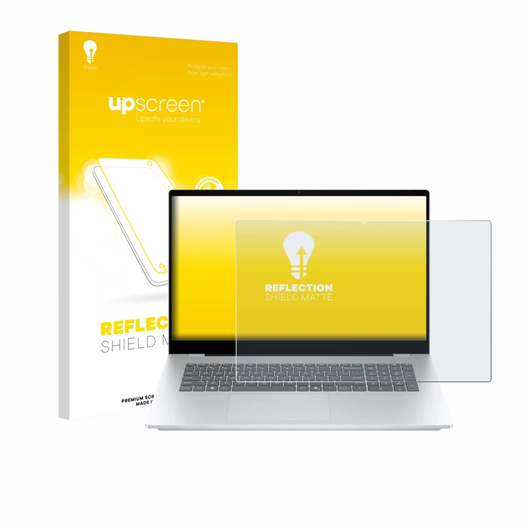 Parte frontal de un envase de producto con el logotipo de la marca upscreen. Al lado se muestra el dispositivo HP OmniBook 7 1