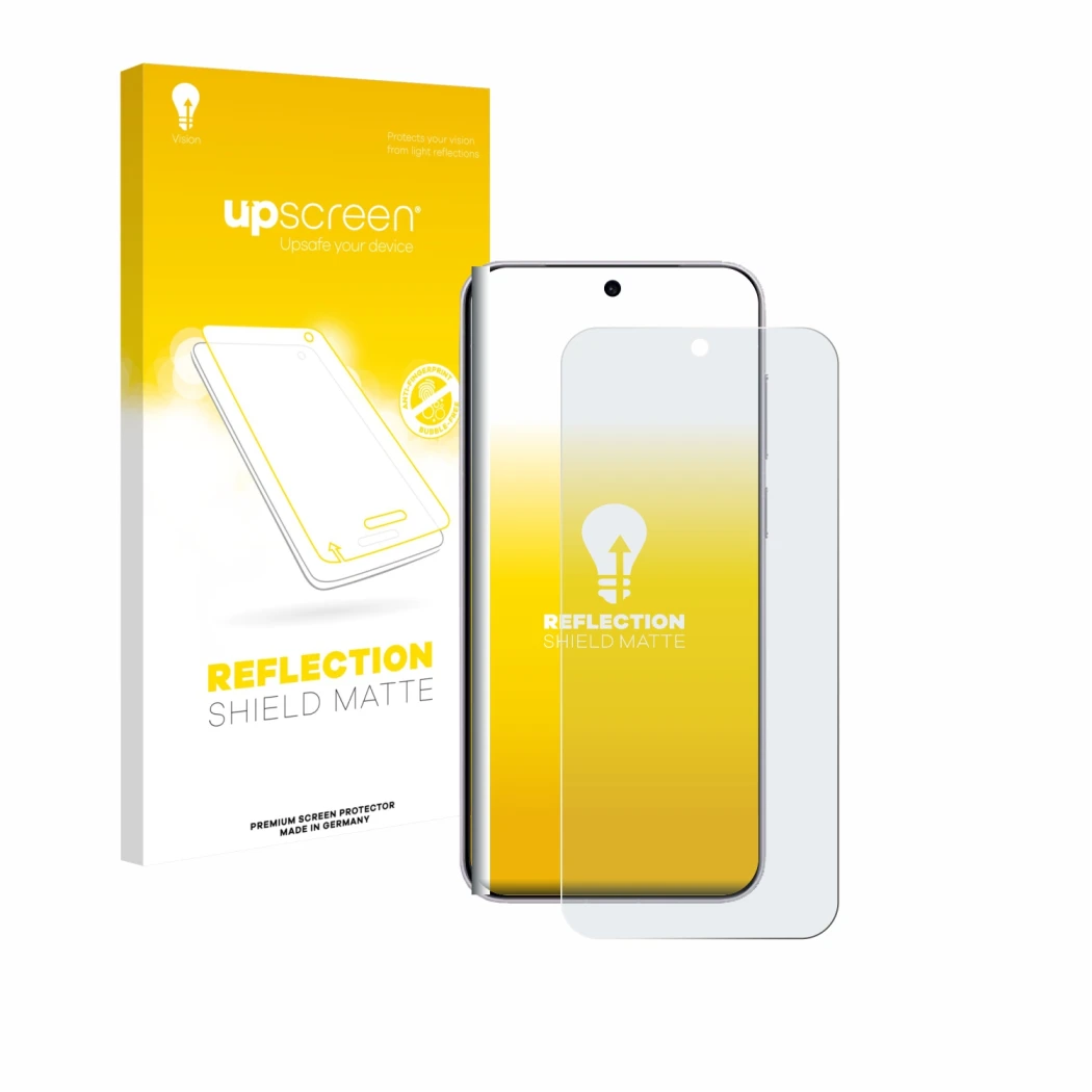 Parte frontal de un envase de producto con el logotipo de la marca upscreen. Al lado se muestra el dispositivo Vivo X300 Pro c
