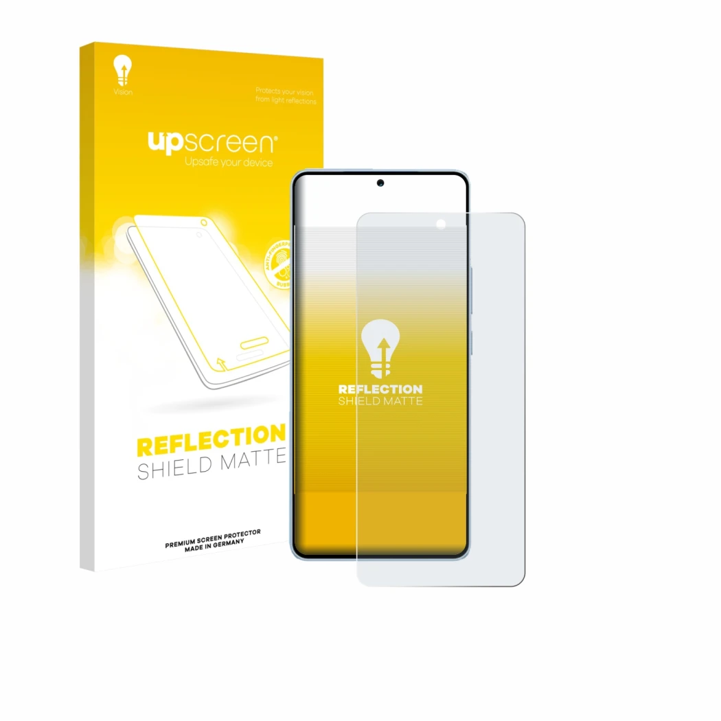 Parte frontal de un envase de producto con el logotipo de la marca upscreen. Al lado se muestra el dispositivo Vivo iQOO Neo 1