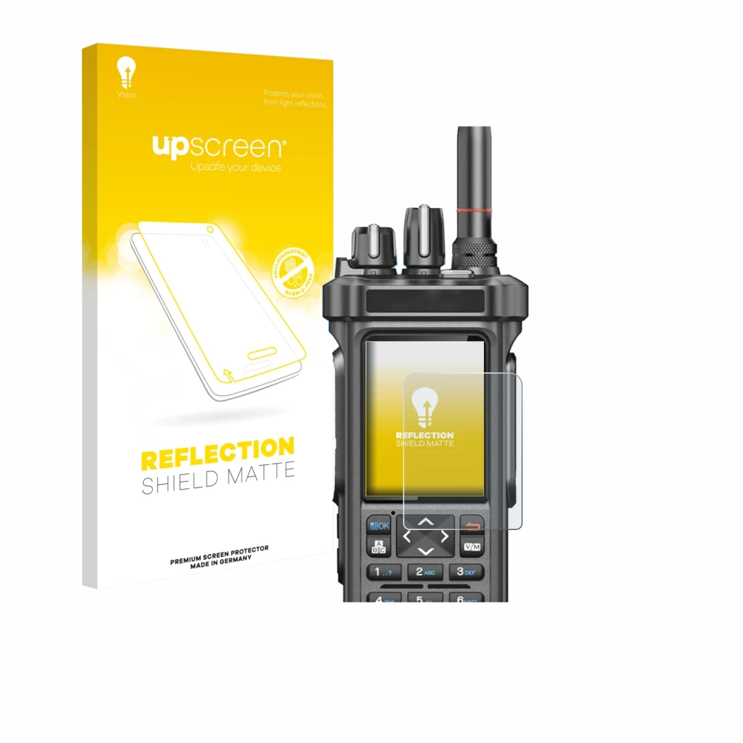 Parte frontal de un envase de producto con el logotipo de la marca upscreen. Al lado se muestra el dispositivo Radtel RT-950 P