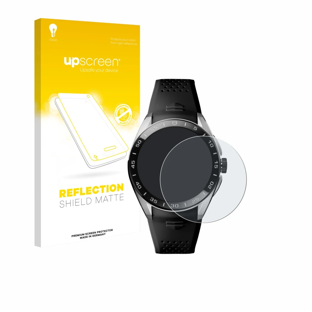 Parte frontal de un envase de producto con el logotipo de la marca upscreen. Al lado se muestra el dispositivo TAG Heuer Conne