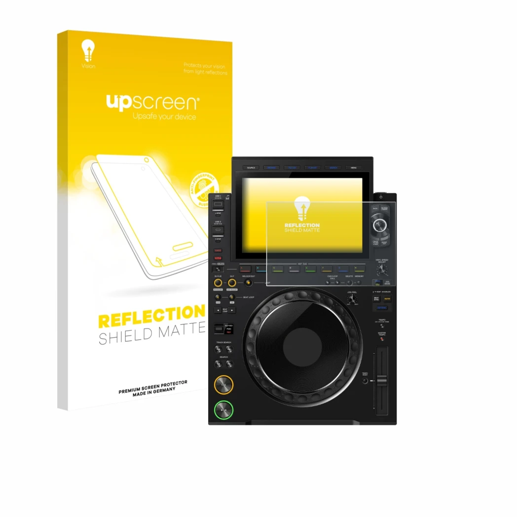 Parte frontal de un envase de producto con el logotipo de la marca upscreen. Al lado se muestra el dispositivo Pioneer CDJ 300