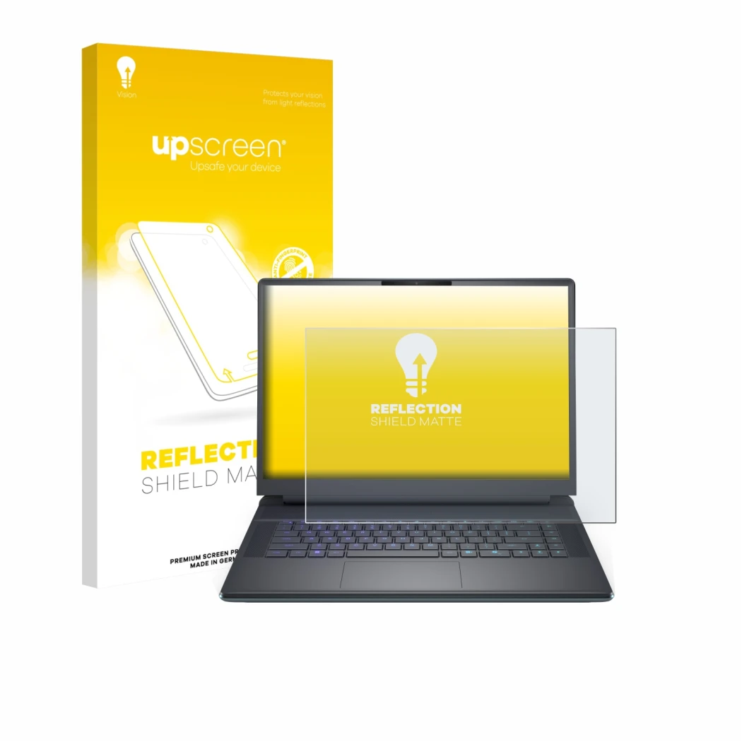 Parte frontal de un envase de producto con el logotipo de la marca upscreen. Al lado se muestra el dispositivo Dell Alienware