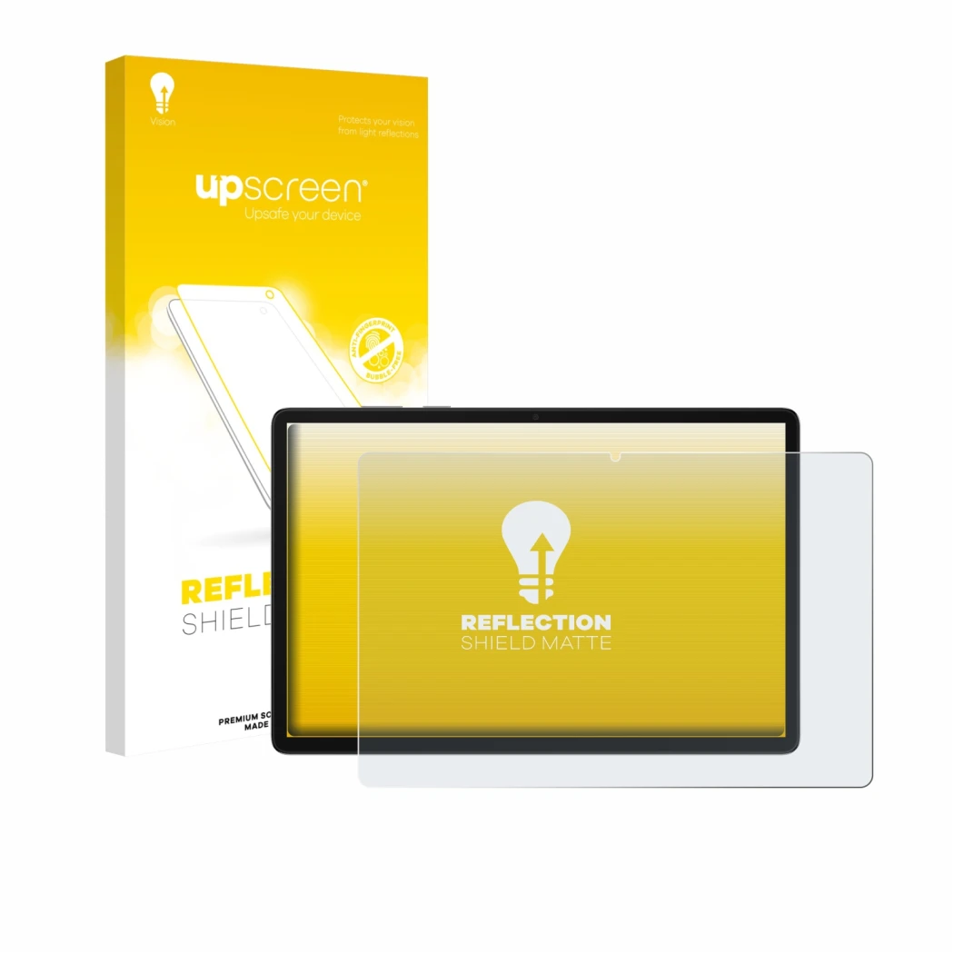 Parte frontal de un envase de producto con el logotipo de la marca upscreen. Al lado se muestra el dispositivo Samsung Galaxy 