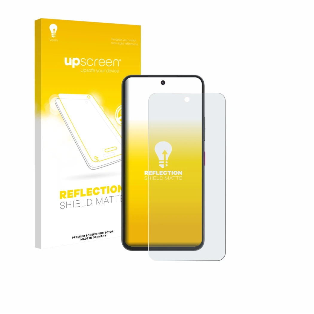 Parte frontal de un envase de producto con el logotipo de la marca upscreen. Al lado se muestra el dispositivo Telekom T Phone
