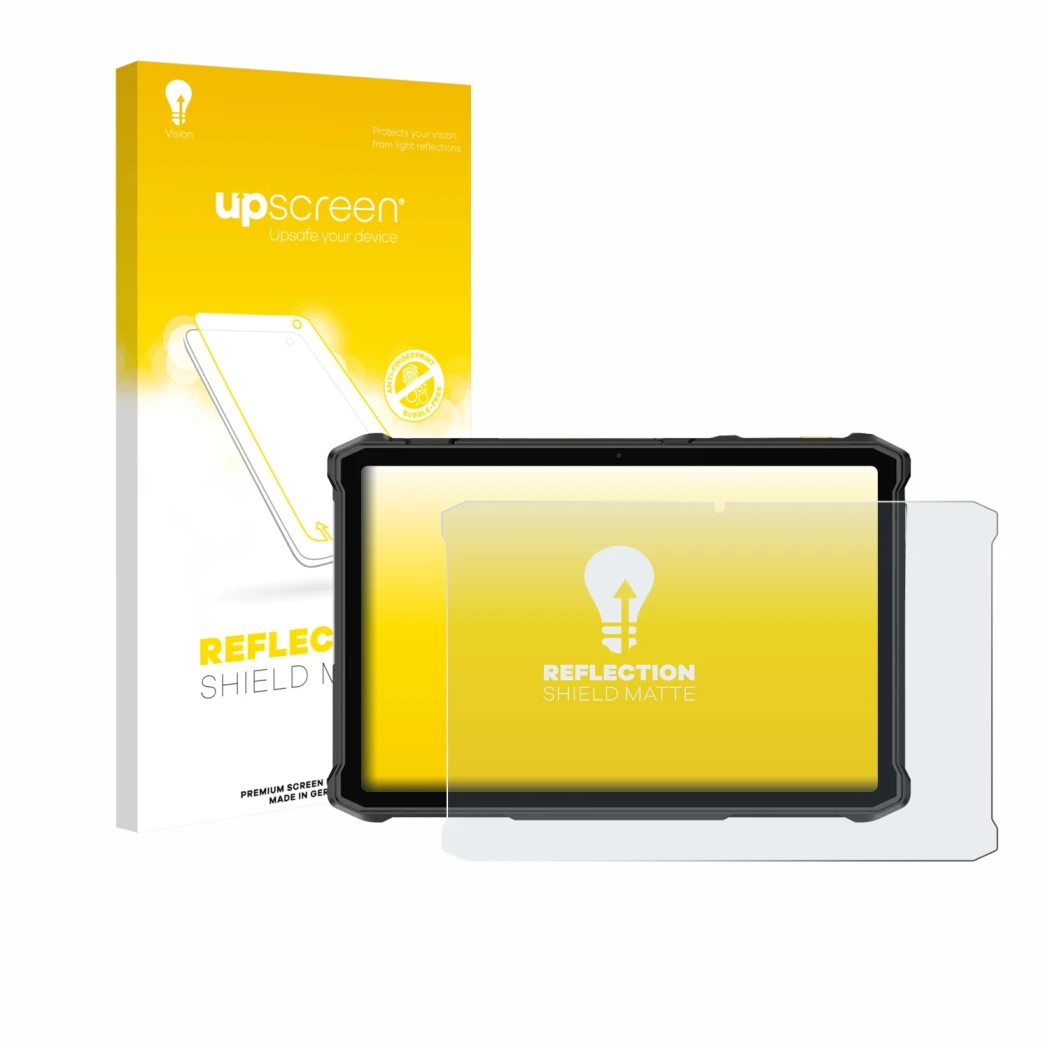 Parte frontal de un envase de producto con el logotipo de la marca upscreen. Al lado se muestra el dispositivo Ulefone Armor P