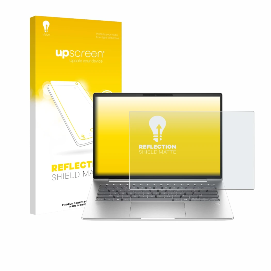 Parte frontal de un envase de producto con el logotipo de la marca upscreen. Al lado se muestra el dispositivo HP ProBook 4 G1