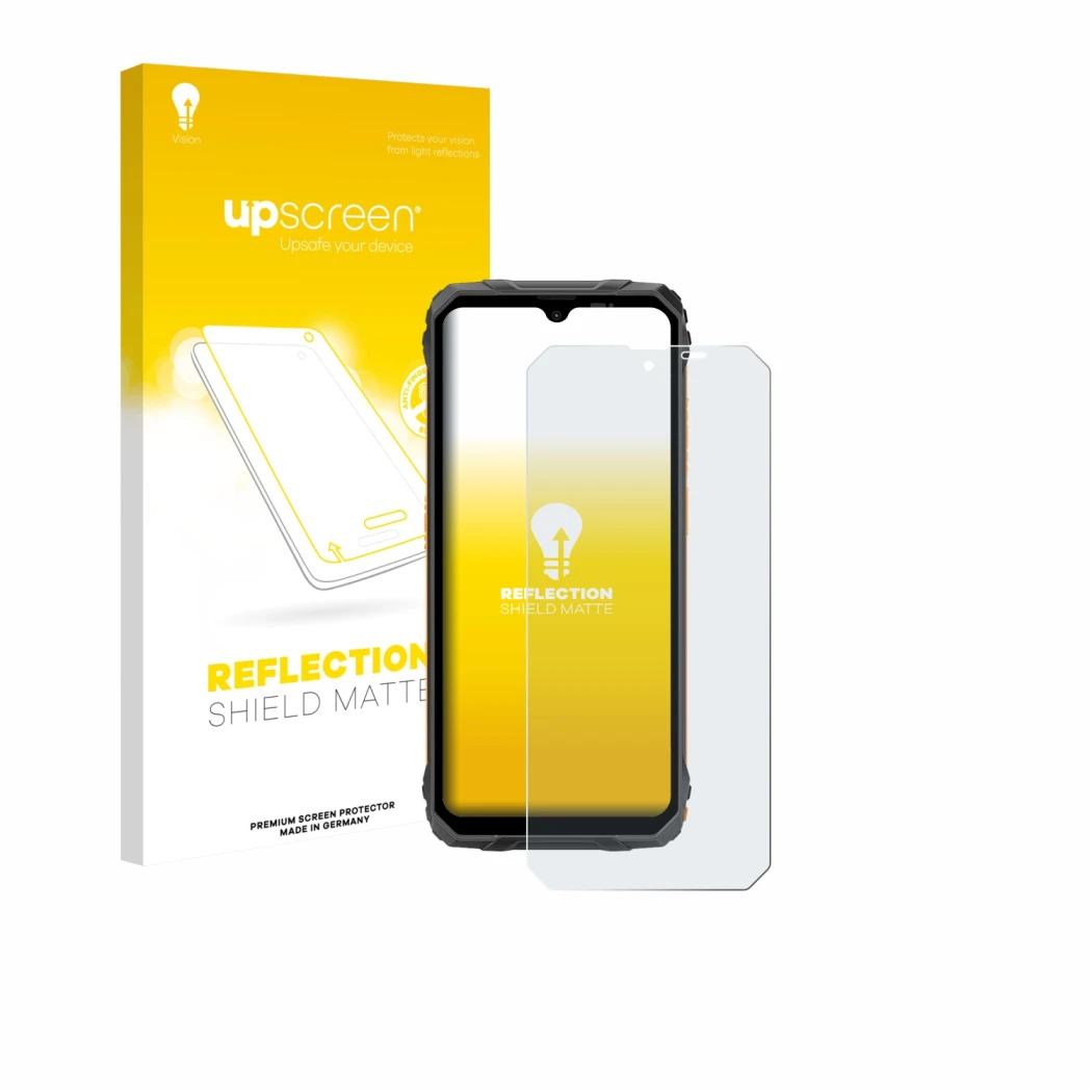 Parte frontal de un envase de producto con el logotipo de la marca upscreen. Al lado se muestra el dispositivo Blackview Fort 