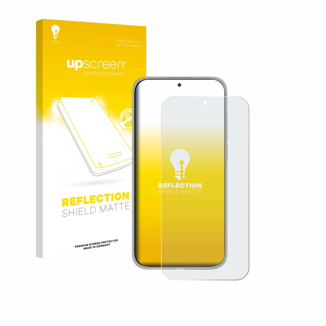 Parte frontal de un envase de producto con el logotipo de la marca upscreen. Al lado se muestra el dispositivo Huawei Mate 70