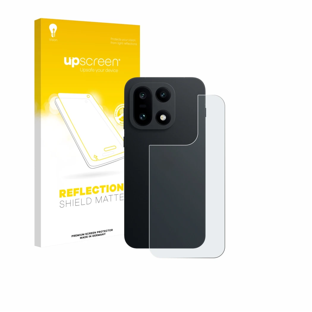 Parte frontal de un envase de producto con el logotipo de la marca upscreen. Al lado se muestra el dispositivo OnePlus 15 (Tra