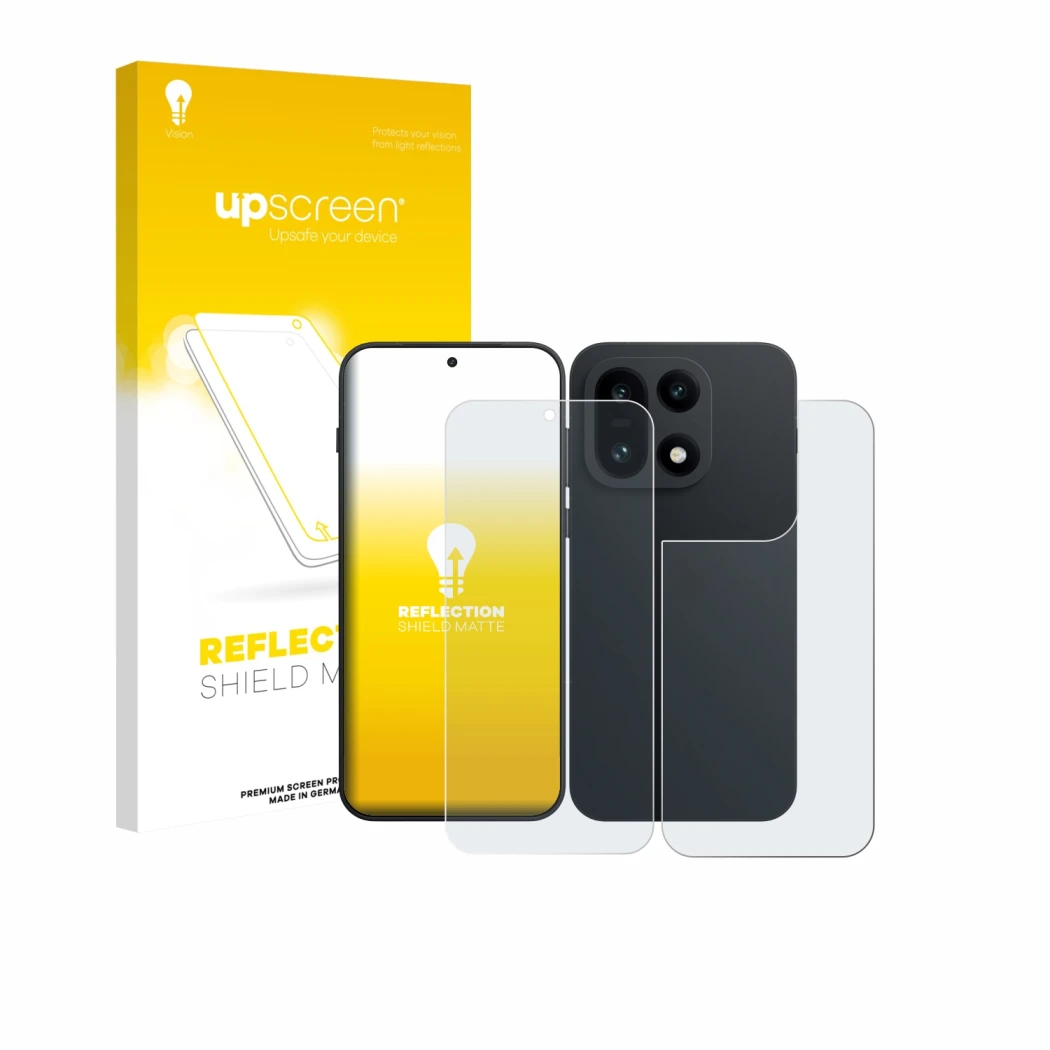 Parte frontal de un envase de producto con el logotipo de la marca upscreen. Al lado se muestra el dispositivo OnePlus 15 (Fro