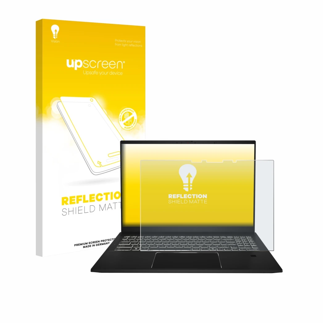 Parte frontal de un envase de producto con el logotipo de la marca upscreen. Al lado se muestra el dispositivo MSI Summit A16 