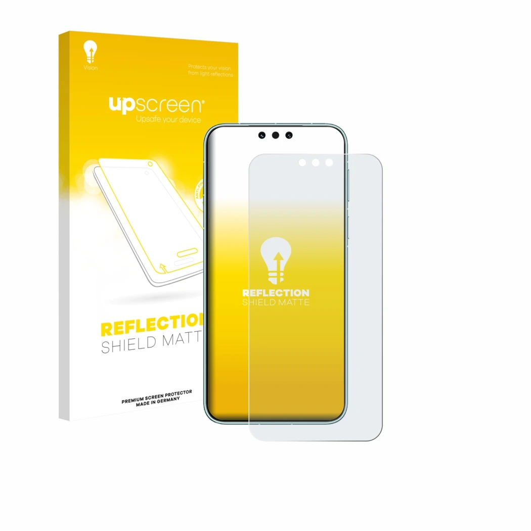 Parte frontal de un envase de producto con el logotipo de la marca upscreen. Al lado se muestra el dispositivo Huawei Mate 80