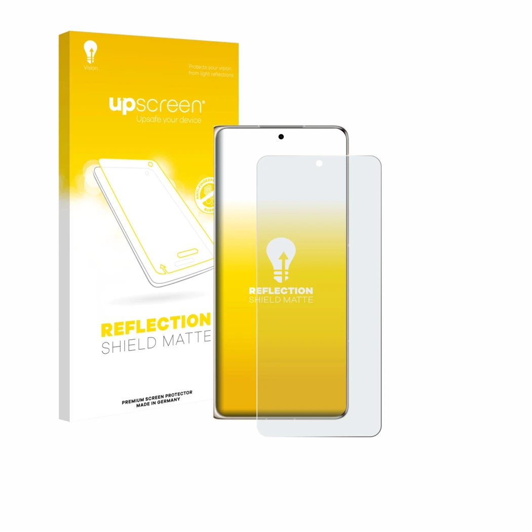 Parte frontal de un envase de producto con el logotipo de la marca upscreen. Al lado se muestra el dispositivo Huawei Mate X7