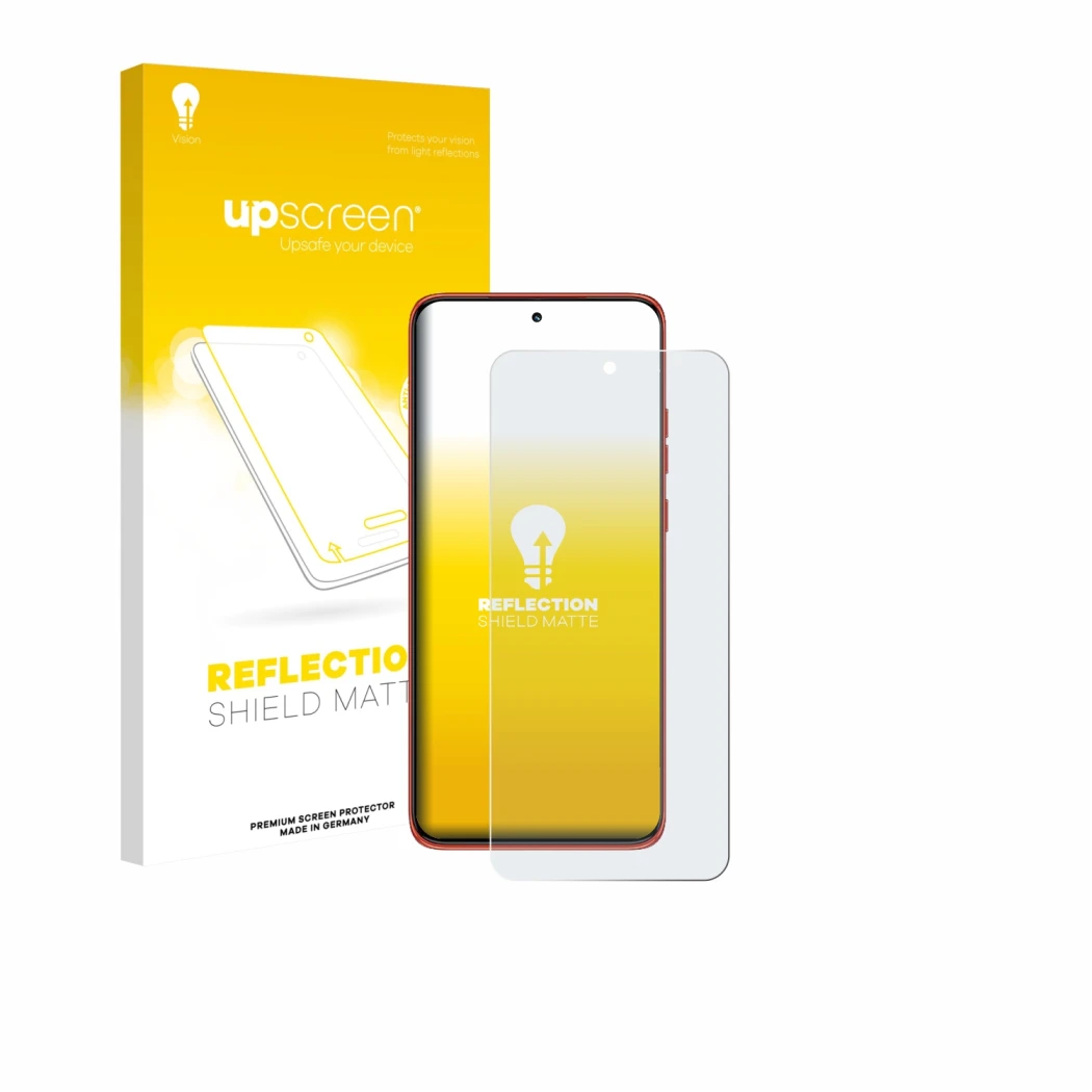 Parte frontal de un envase de producto con el logotipo de la marca upscreen. Al lado se muestra el dispositivo Motorola Edge 6