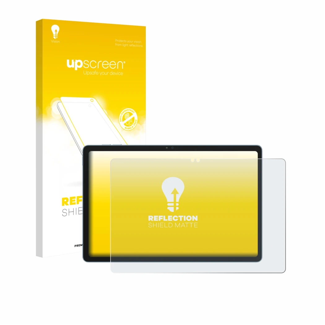 Parte frontal de un envase de producto con el logotipo de la marca upscreen. Al lado se muestra el dispositivo Blackview Zeno 