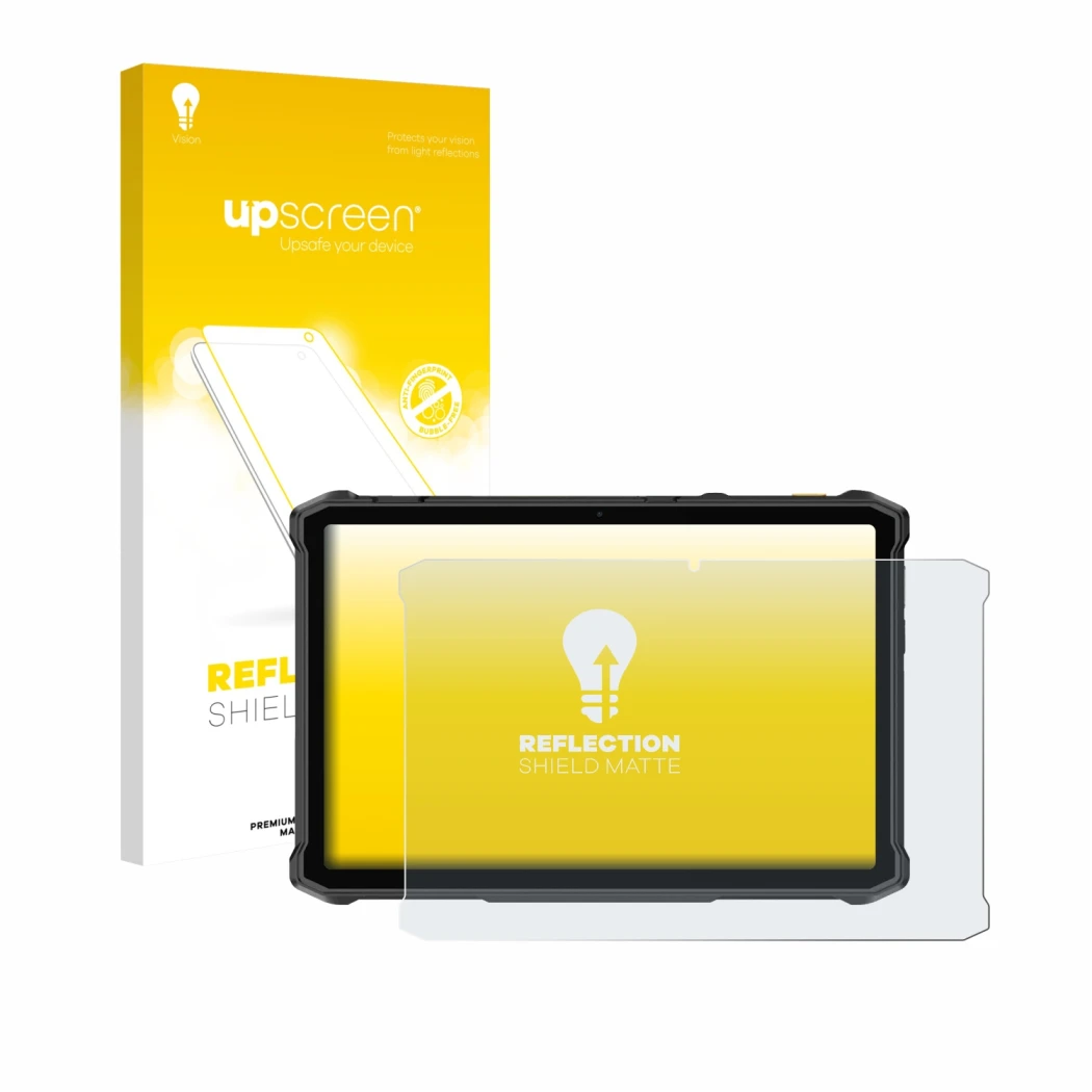 Parte frontal de un envase de producto con el logotipo de la marca upscreen. Al lado se muestra el dispositivo Ulefone Armor P