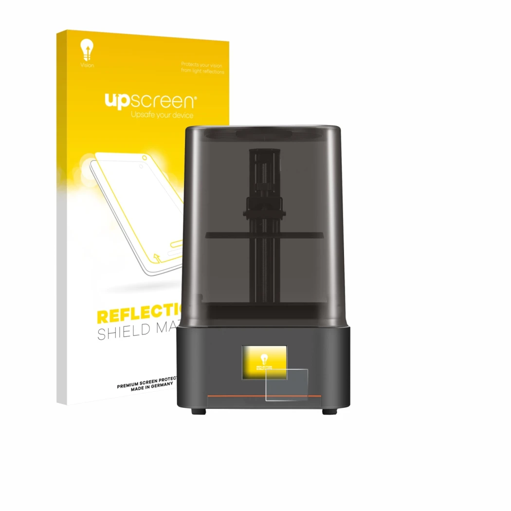 Parte frontal de un envase de producto con el logotipo de la marca upscreen. Al lado se muestra el dispositivo Anycubic Photon