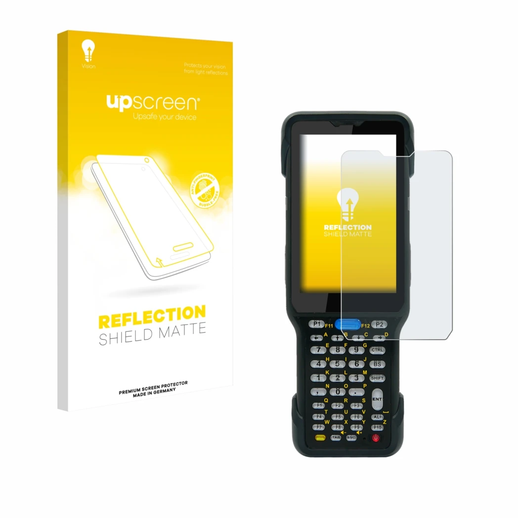 Parte frontal de un envase de producto con el logotipo de la marca upscreen. Al lado se muestra el dispositivo Unitech HT730 c