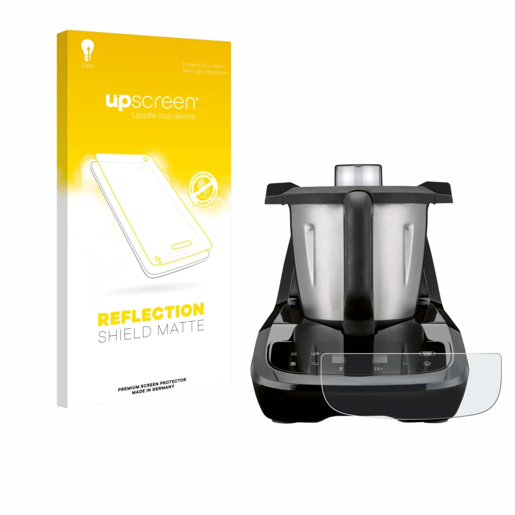 Parte frontal de un envase de producto con el logotipo de la marca upscreen. Al lado se muestra el dispositivo SilverCrest Mon